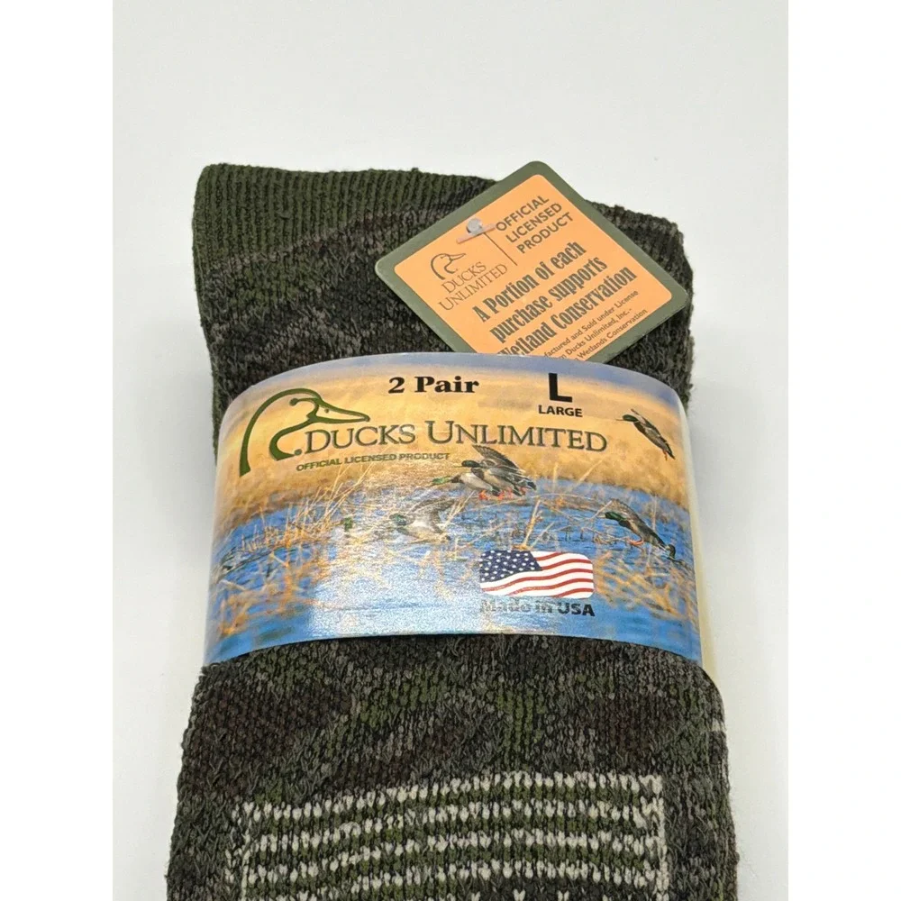 DUCKS‎ UNLIMITED CAMO 2 PK MENS CREW SOCKS MERINO WOOL Blend NWT Size L USA